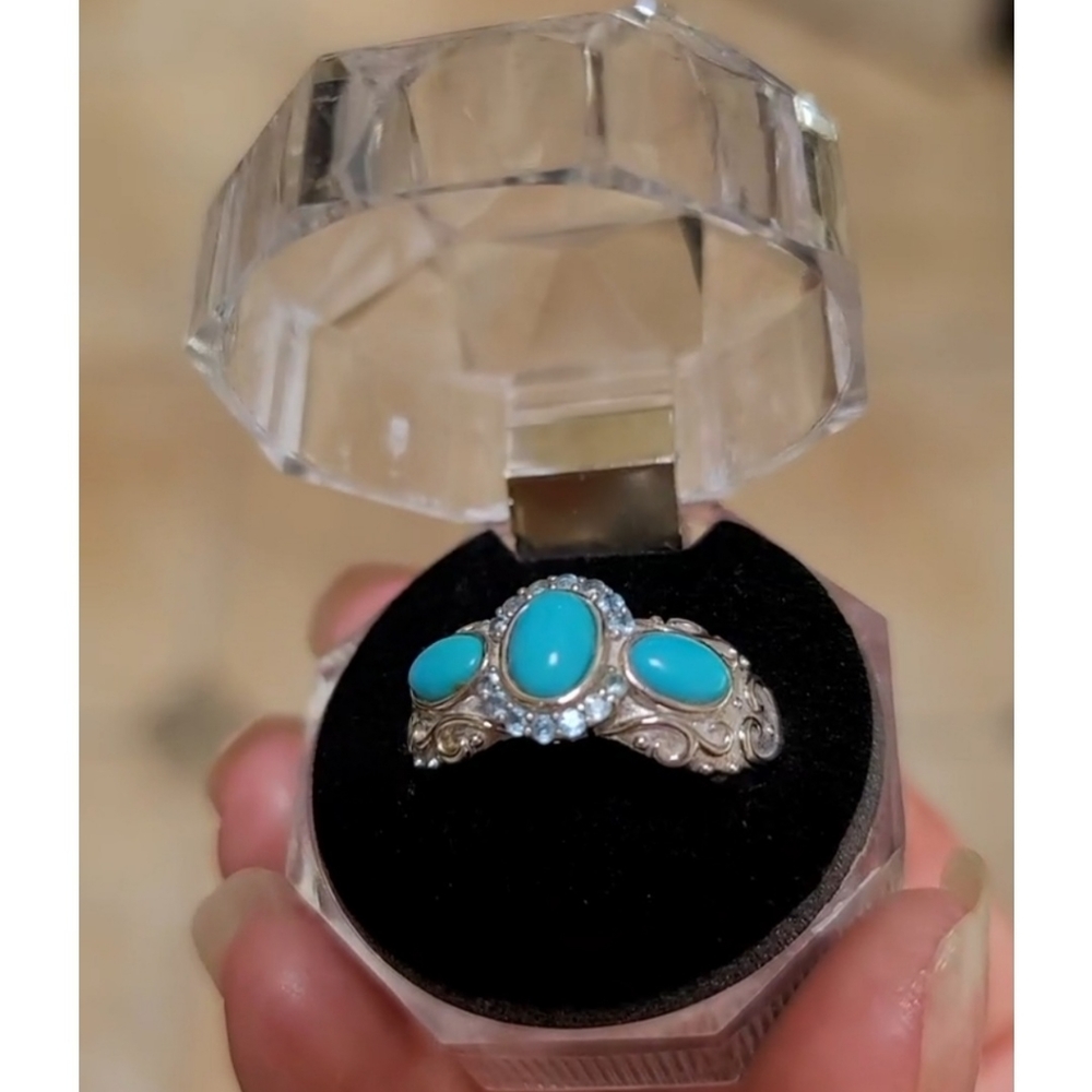 925 Turquoise & Blue Topaz Heart Ring 8 3/4